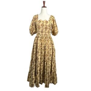 Miss Madigan India Brown Floral Block Print Midi Dress Pockets Puff Sleeve Small
